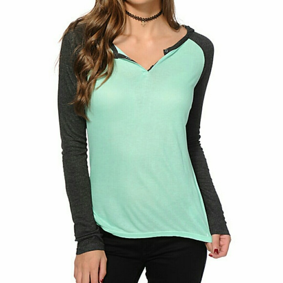 Roxy Tops - Zine Anderson Mint & Charcoal Hooded Henley Shirt